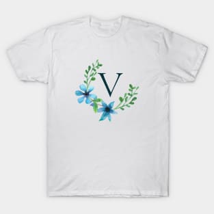 Floral Monogram V Pretty Blue Flowers T-Shirt